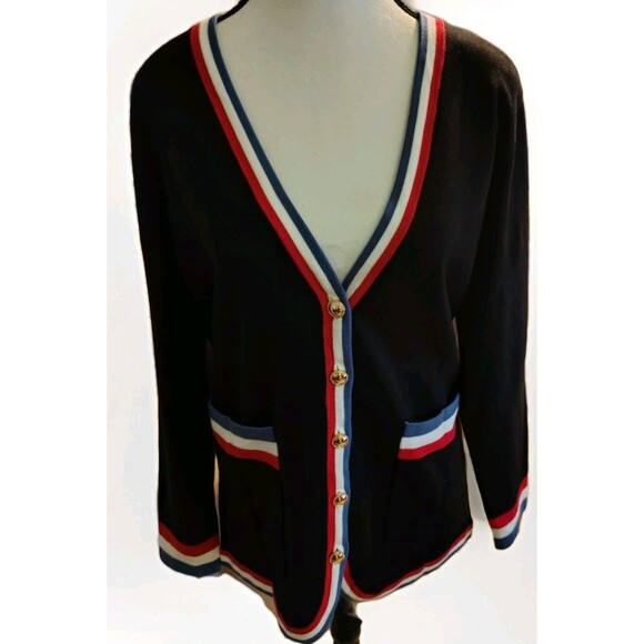 Zesica Sweater Size M Gold Buttons Dark Blue Red White Blue Stripes - Picture 2 of 8